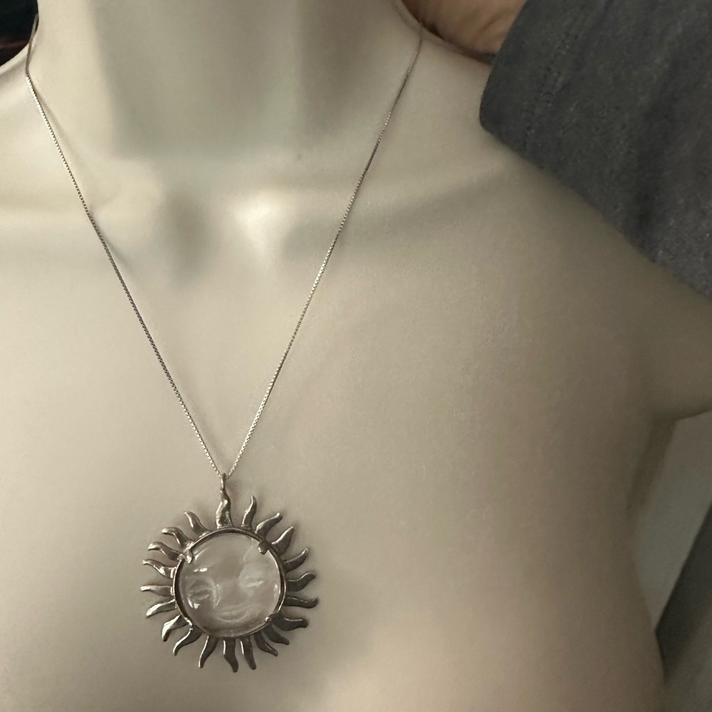 Sterling Silver Sun Pendant Necklace with White Moonstone